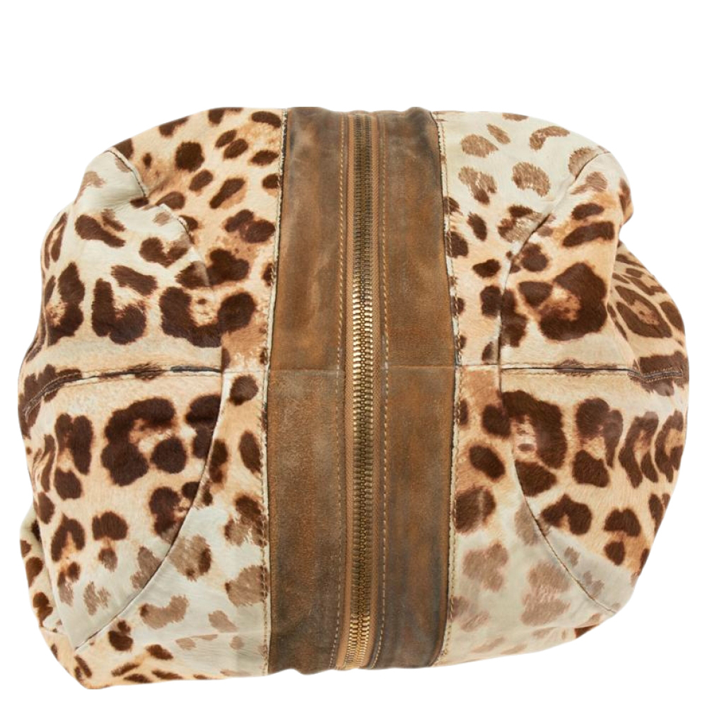 JIMMY CHOO Beige/Brown Leopard Print Calf Hair and Suede Mandah Expandable Hobo - Picture 7 of 9
